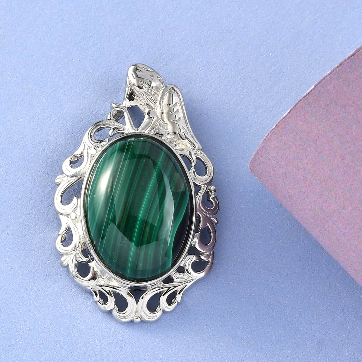 African Malachite Solitaire Pendant in Platinum Over Copper with Magnet 14.50 ctw image number 1
