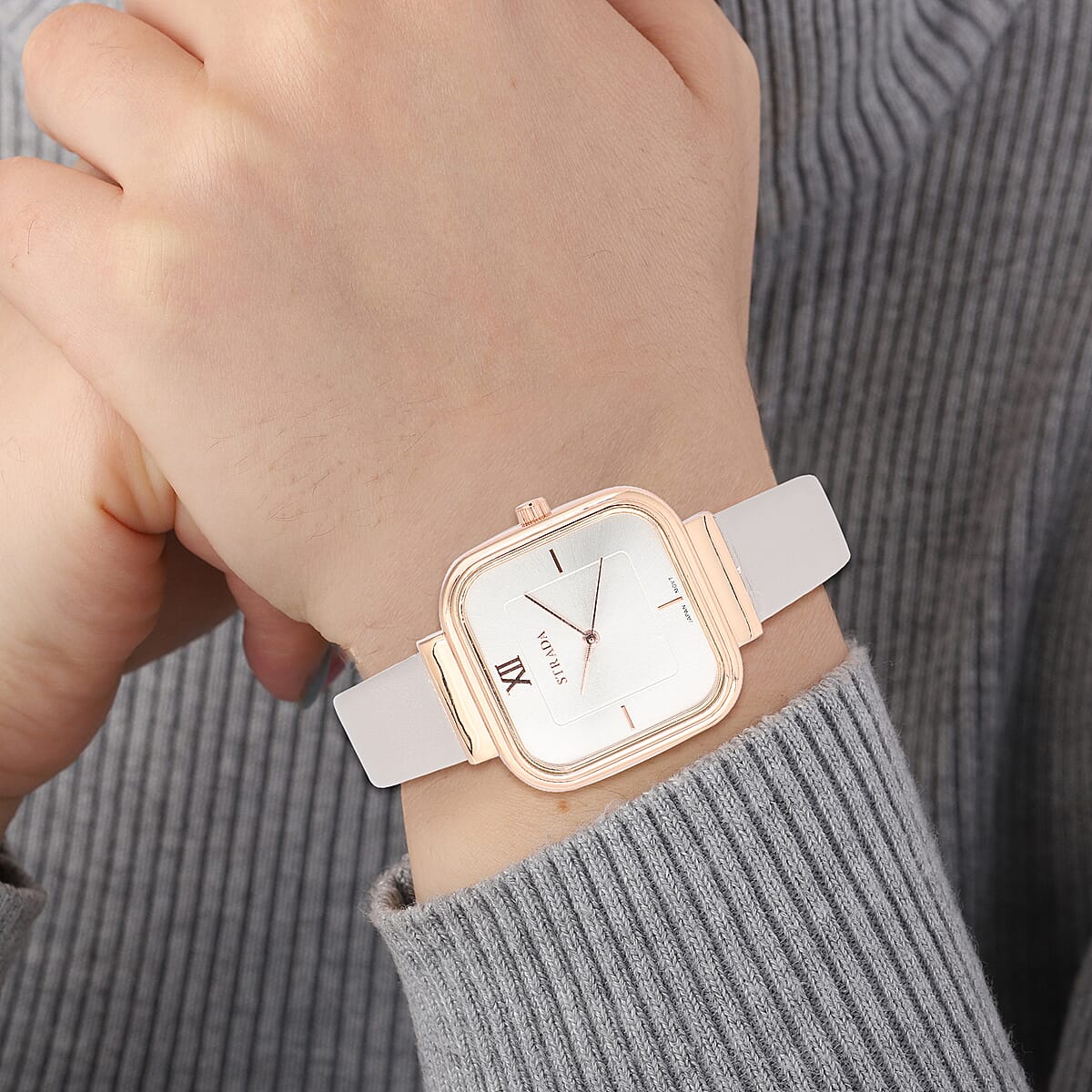 STRADA Japanese Movement Watch with Black Faux Leather Strap and Stainless Steel Back image number 2