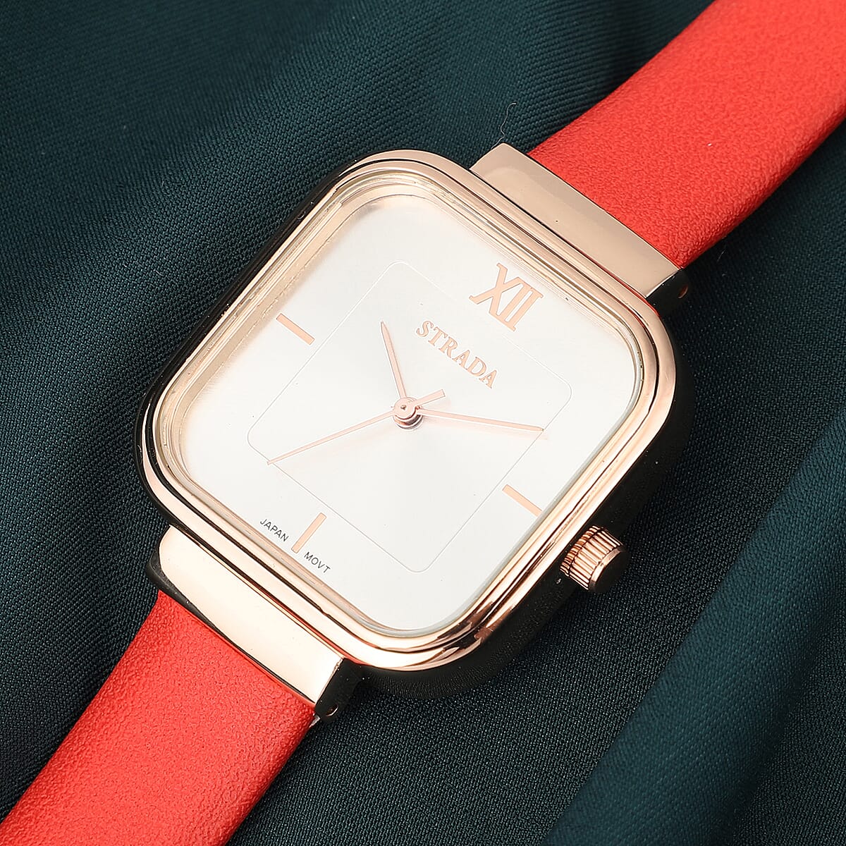 Strada Japanese Movement Square Dial Watch with Red Vegan Leather Strap image number 1