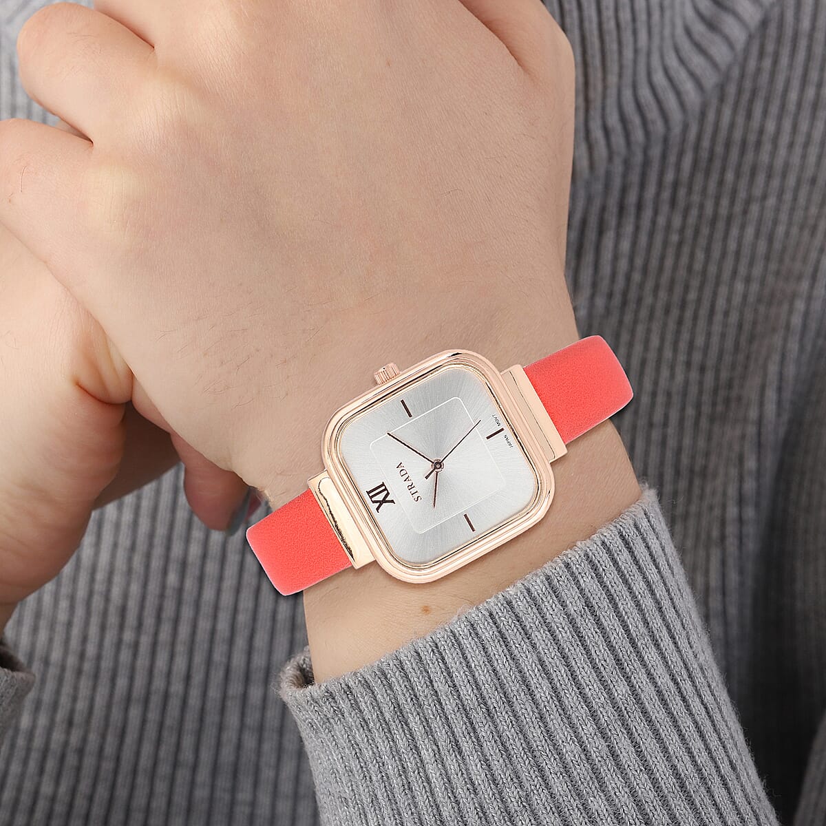 Strada Japanese Movement Square Dial Watch with Red Vegan Leather Strap image number 2