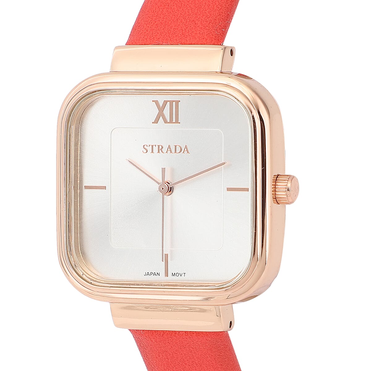 Strada Japanese Movement Square Dial Watch with Red Vegan Leather Strap image number 3