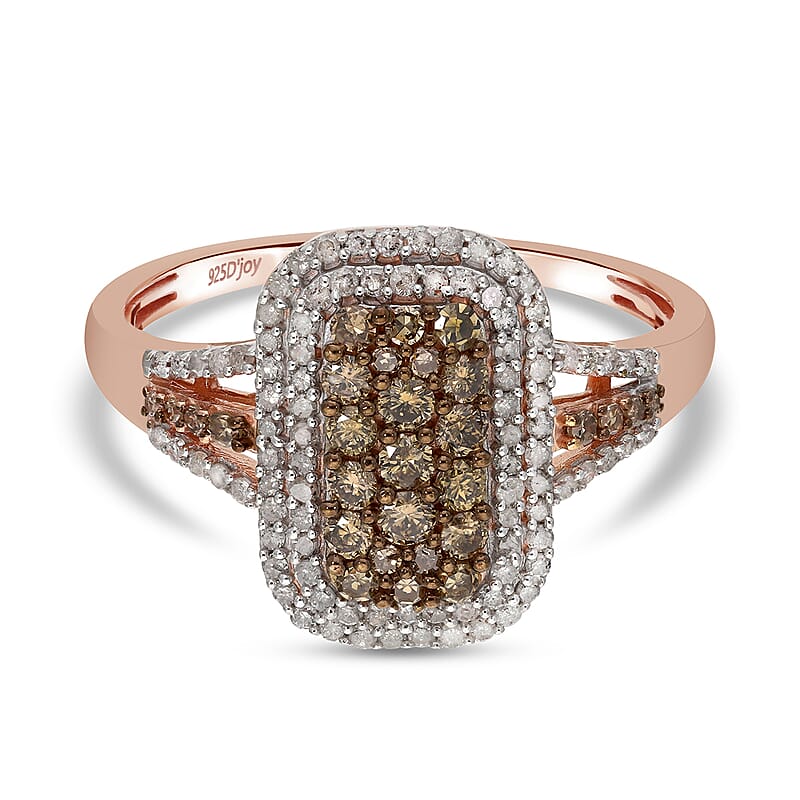 Natural Champagne and White Diamond Baguette Shape Double Halo Ring in Vermeil Rose Gold Over Sterling Silver, Oval Engagement Ring (Size 10.0) 1.00 ctw