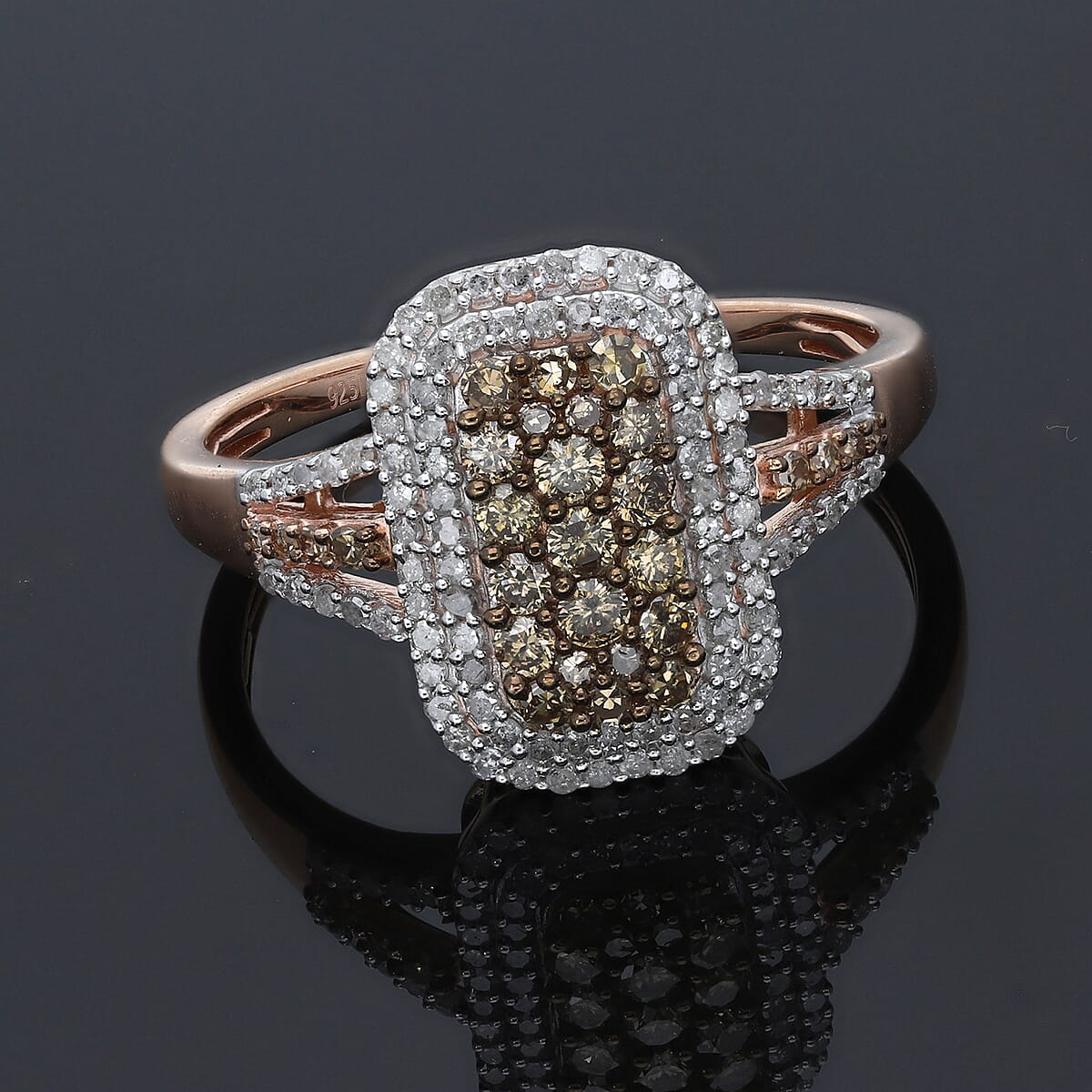 Natural Champagne and White Diamond Baguette Shape Double Halo Ring in Vermeil Rose Gold Over Sterling Silver 1.00 ctw image number 1