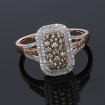 Natural Champagne and White Diamond Baguette Shape Double Halo Ring in Vermeil Rose Gold Over Sterling Silver, Oval Engagement Ring (Size 10.0) 1.00 ctw