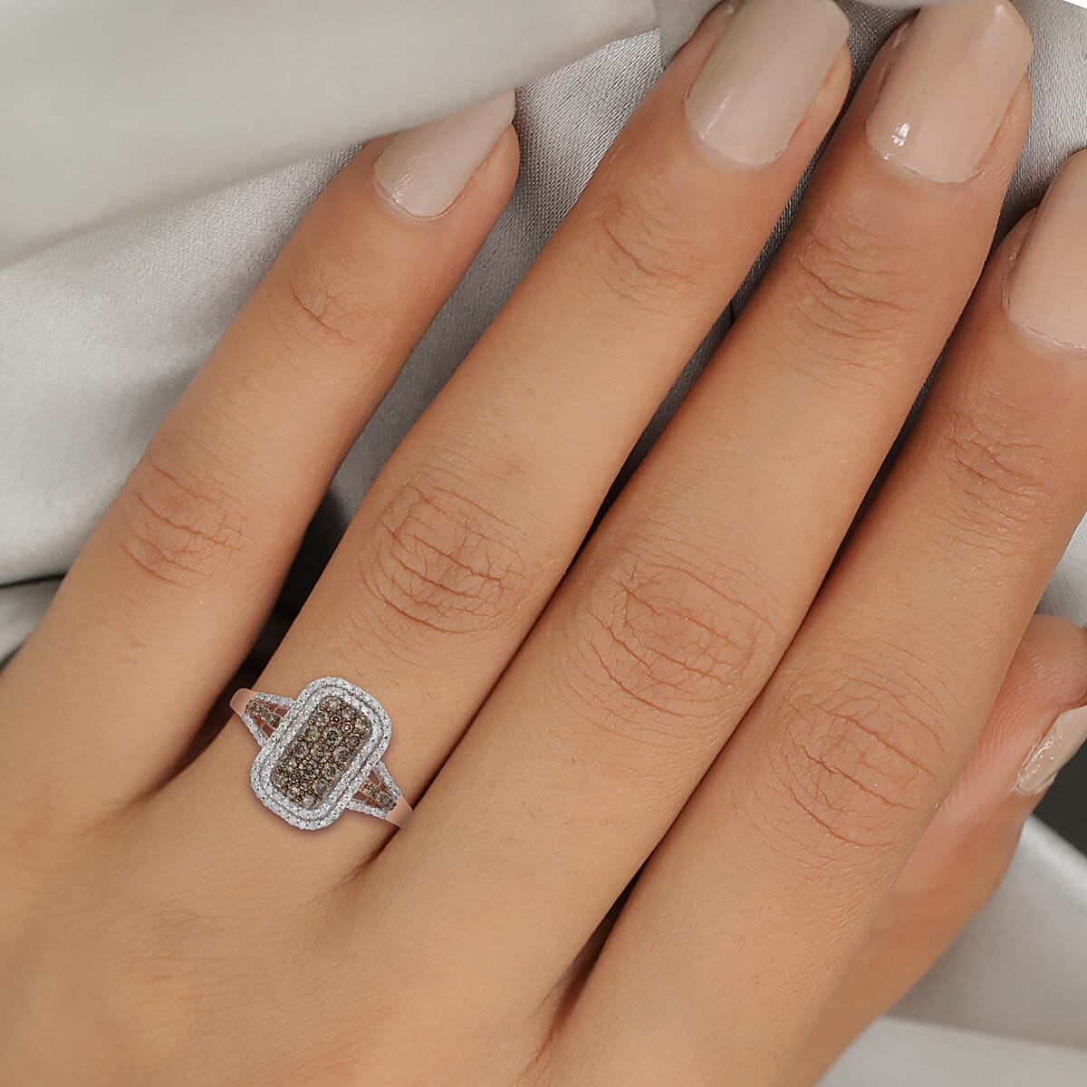 Natural Champagne and White Diamond Baguette Shape Double Halo Ring in Vermeil Rose Gold Over Sterling Silver 1.00 ctw image number 2