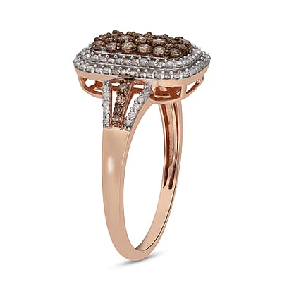 Natural Champagne and White Diamond Baguette Shape Double Halo Ring in Vermeil Rose Gold Over Sterling Silver, Oval Engagement Ring (Size 10.0) 1.00 ctw