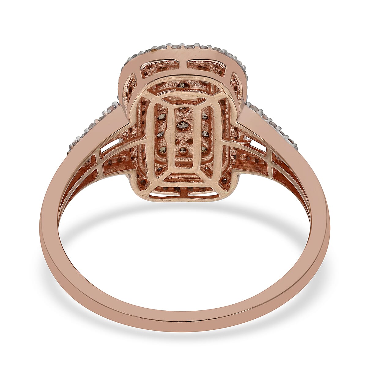 Natural Champagne and White Diamond Baguette Shape Double Halo Ring in Vermeil Rose Gold Over Sterling Silver, Oval Engagement Ring (Size 10.0) 1.00 ctw