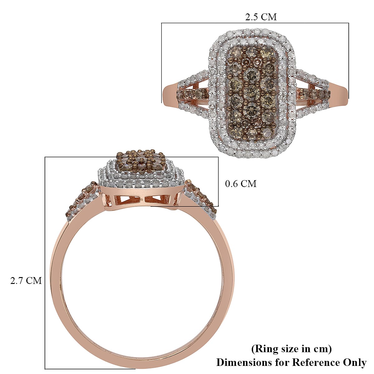 Natural Champagne and White Diamond Baguette Shape Double Halo Ring in Vermeil Rose Gold Over Sterling Silver 1.00 ctw image number 5