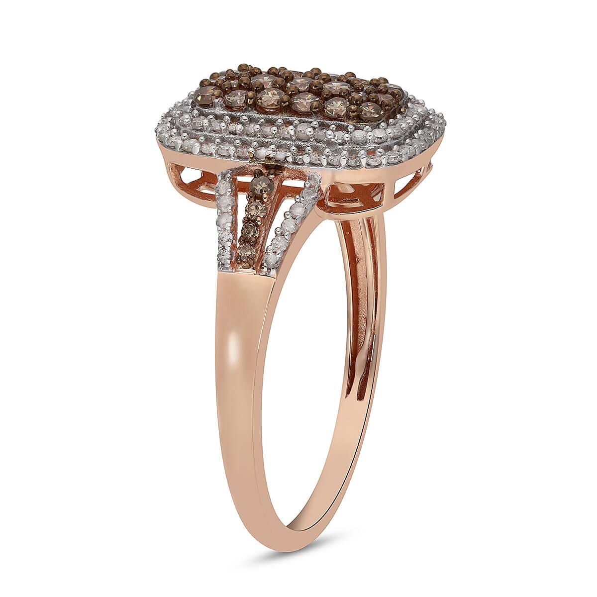 Natural Champagne and White Diamond Baguette Shape Double Halo Ring in Vermeil Rose Gold Over Sterling Silver (Size 6.0) 1.00 ctw