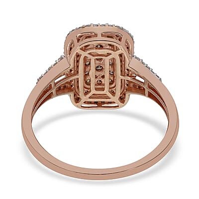 Natural Champagne and White Diamond Baguette Shape Double Halo Ring in Vermeil Rose Gold Over Sterling Silver (Size 6.0) 1.00 ctw