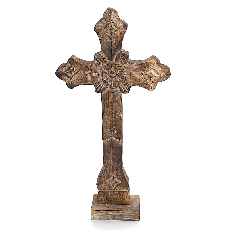Nakkashi Dark Brown Color Wooden Handcrafted Decorative Cross (7x12), Vintage Style Wall Hanging Handcarved Mango Wood Cross For Home Decor