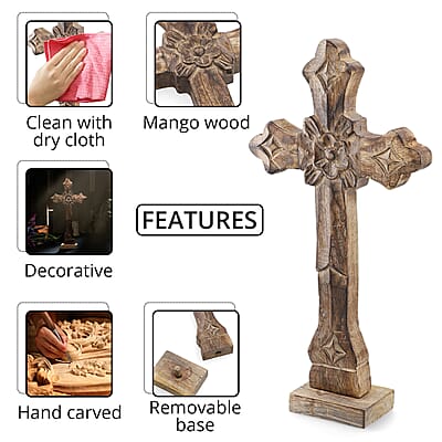 Nakkashi Dark Brown Color Wooden Handcrafted Decorative Cross (7x12), Vintage Style Wall Hanging Handcarved Mango Wood Cross For Home Decor