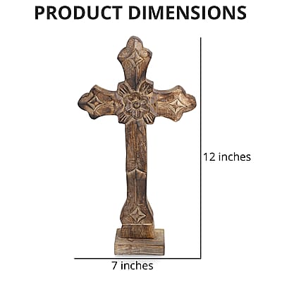 Nakkashi Dark Brown Color Wooden Handcrafted Decorative Cross (7x12), Vintage Style Wall Hanging Handcarved Mango Wood Cross For Home Decor