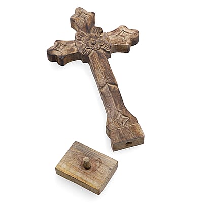 Nakkashi Dark Brown Color Wooden Handcrafted Decorative Cross (7x12), Vintage Style Wall Hanging Handcarved Mango Wood Cross For Home Decor