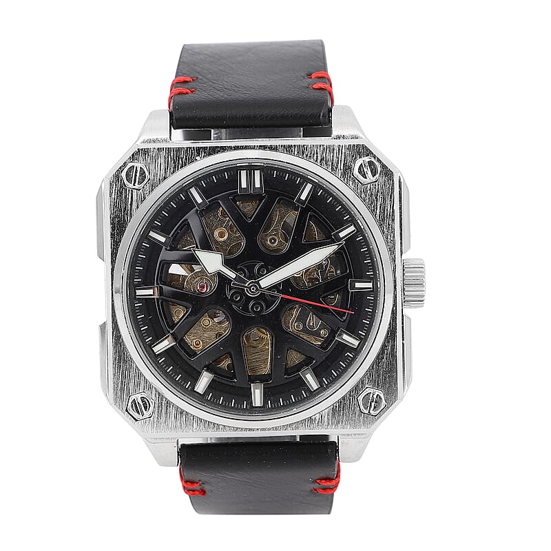 Genoa Automatic Mechanical Movement Watch with Black Hollow-Out Dial and Black Leather Strap (44 mm)