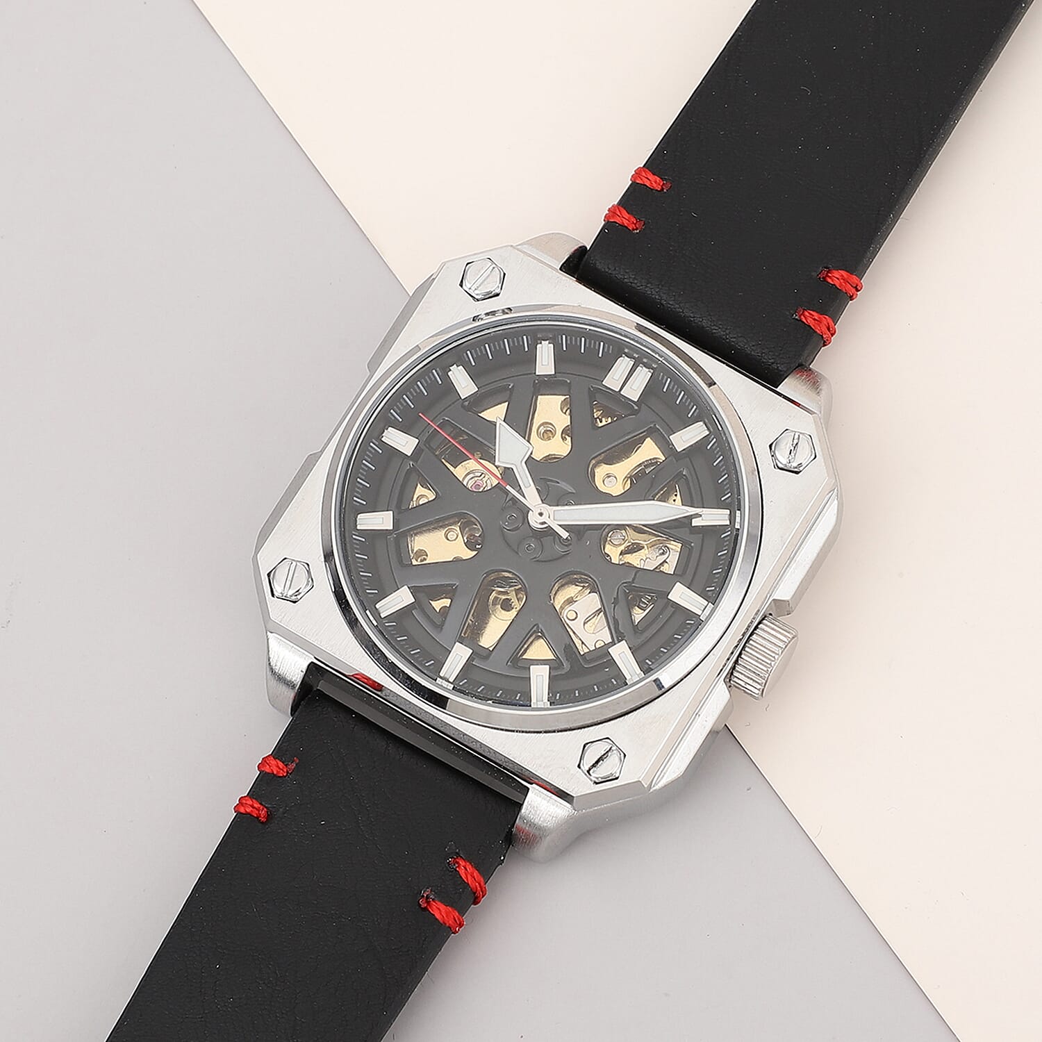 Genoa Automatic Mechanical Movement Watch with Black Hollow-Out Dial and Black Leather Strap (44 mm)