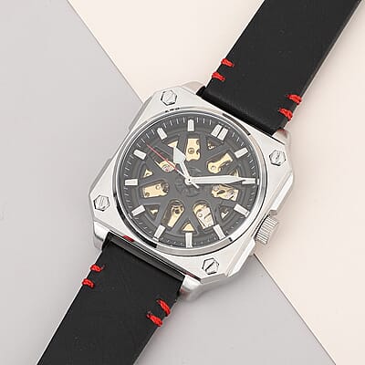 Genoa Automatic Mechanical Movement Watch with Black Hollow-Out Dial and Black Leather Strap (44 mm)