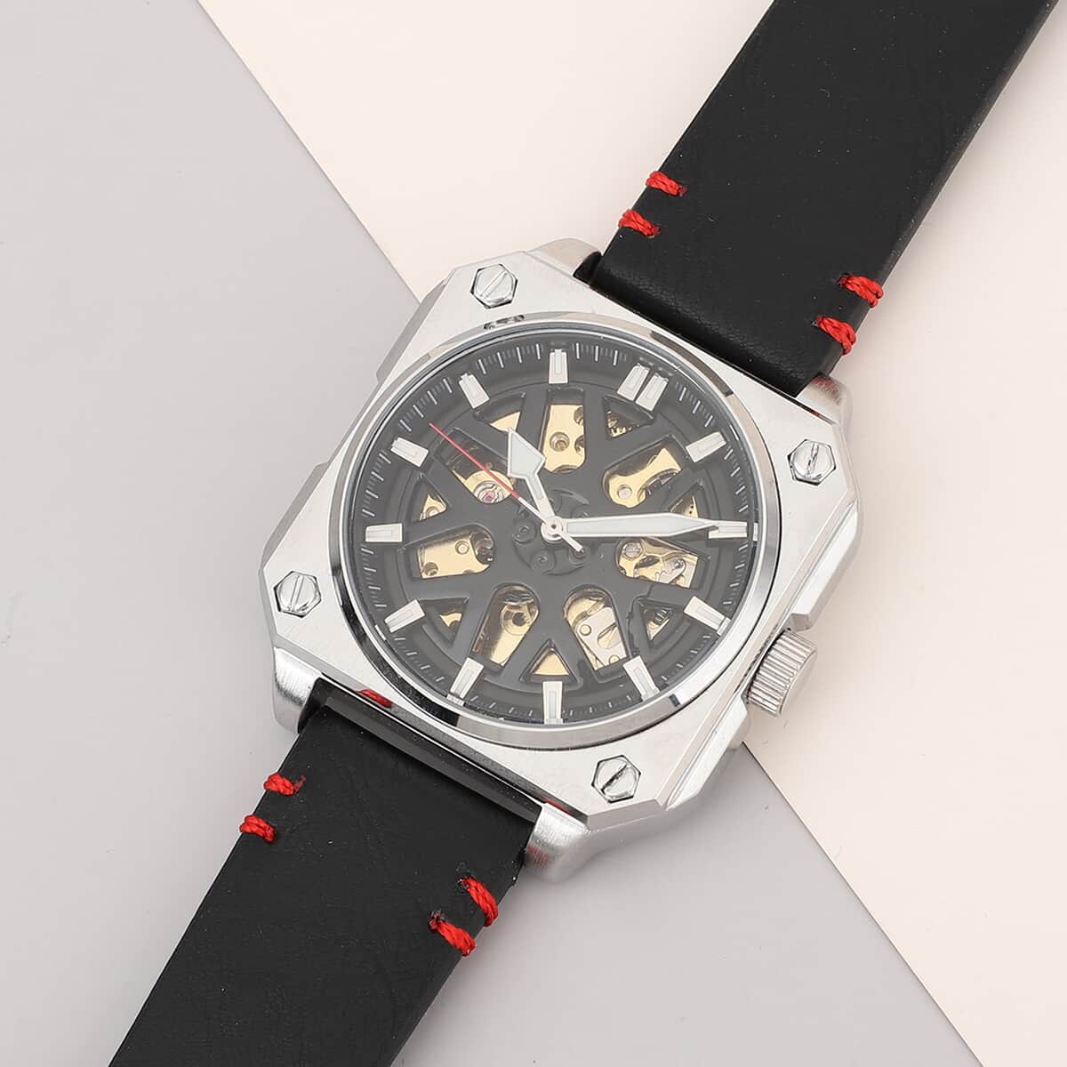 Genoa Automatic Mechanical Movement Watch with Black Hollow-Out Dial and Black Leather Strap (44 mm) image number 1