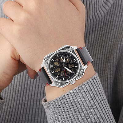 Genoa Automatic Mechanical Movement Watch with Black Hollow-Out Dial and Black Leather Strap (44 mm)