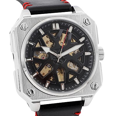 Genoa Automatic Mechanical Movement Watch with Black Hollow-Out Dial and Black Leather Strap (44 mm)