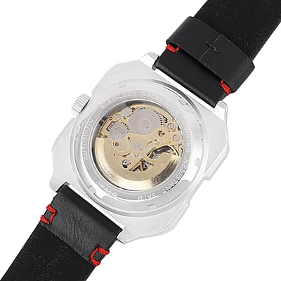 Genoa Automatic Mechanical Movement Watch with Black Hollow-Out Dial and Black Leather Strap (44 mm)
