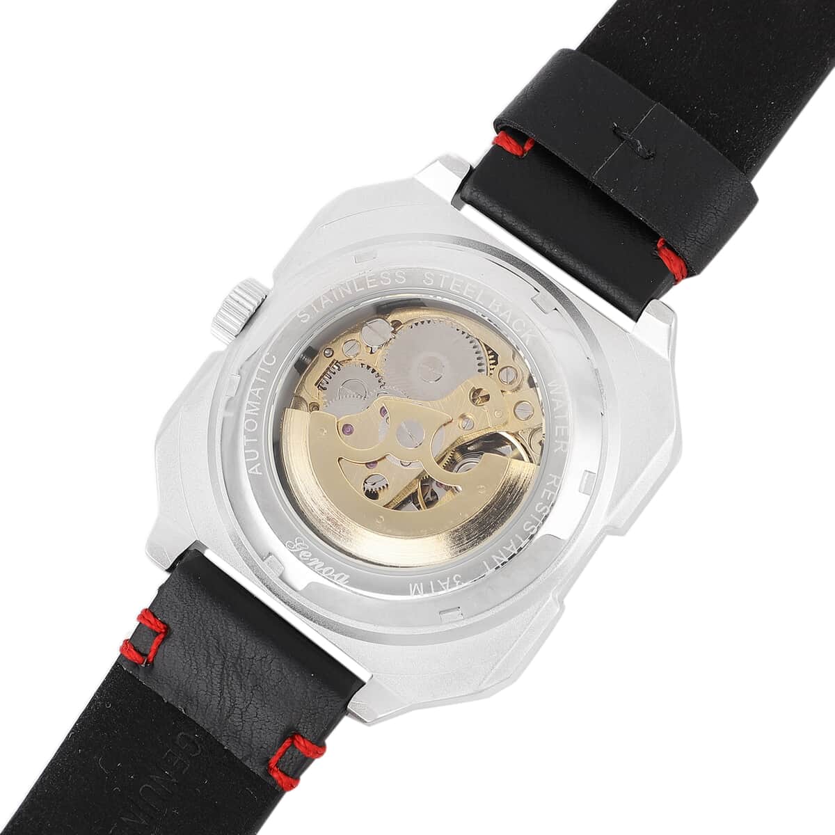GENOA Automatic Mechanical Movement Watch with Black Hollow-Out Dial and Black Leather Strap (44 mm) image number 5