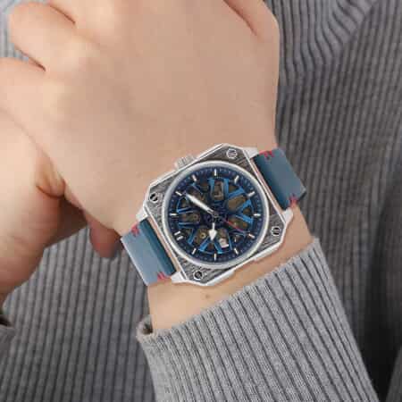 Genoa Automatic Mechanical Movement Watch with Blue Hollow-Out Dial and Navy Blue Leather Strap (44 mm) image number 2