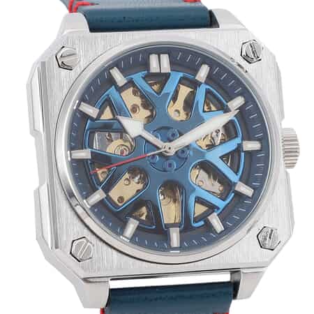 Genoa Automatic Mechanical Movement Watch with Blue Hollow-Out Dial and Navy Blue Leather Strap (44 mm) image number 3