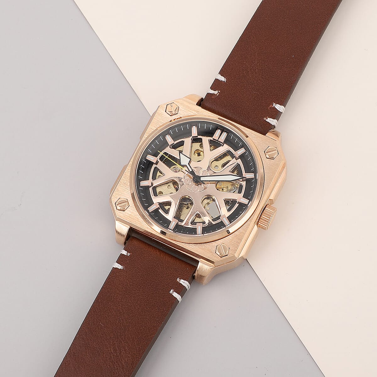 Genoa Automatic Mechanical Movement Watch with Rose Gold Hollow-Out Dial and Brown Leather Strap (44 mm) image number 1