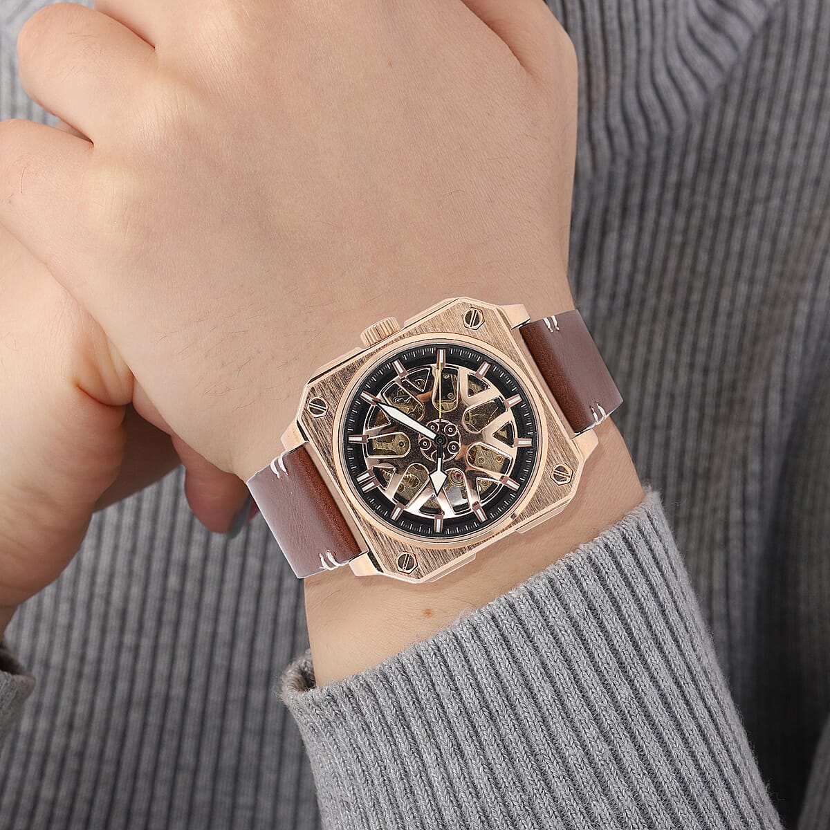 Genoa Automatic Mechanical Movement Watch with Rose Gold Hollow-Out Dial and Brown Leather Strap (44 mm) image number 2