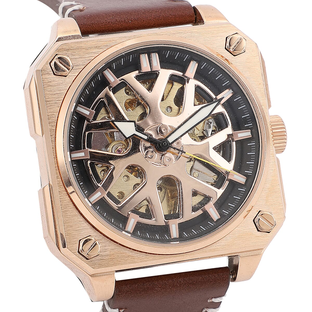 Genoa Automatic Mechanical Movement Watch with Rose Gold Hollow-Out Dial and Brown Leather Strap (44 mm) image number 3