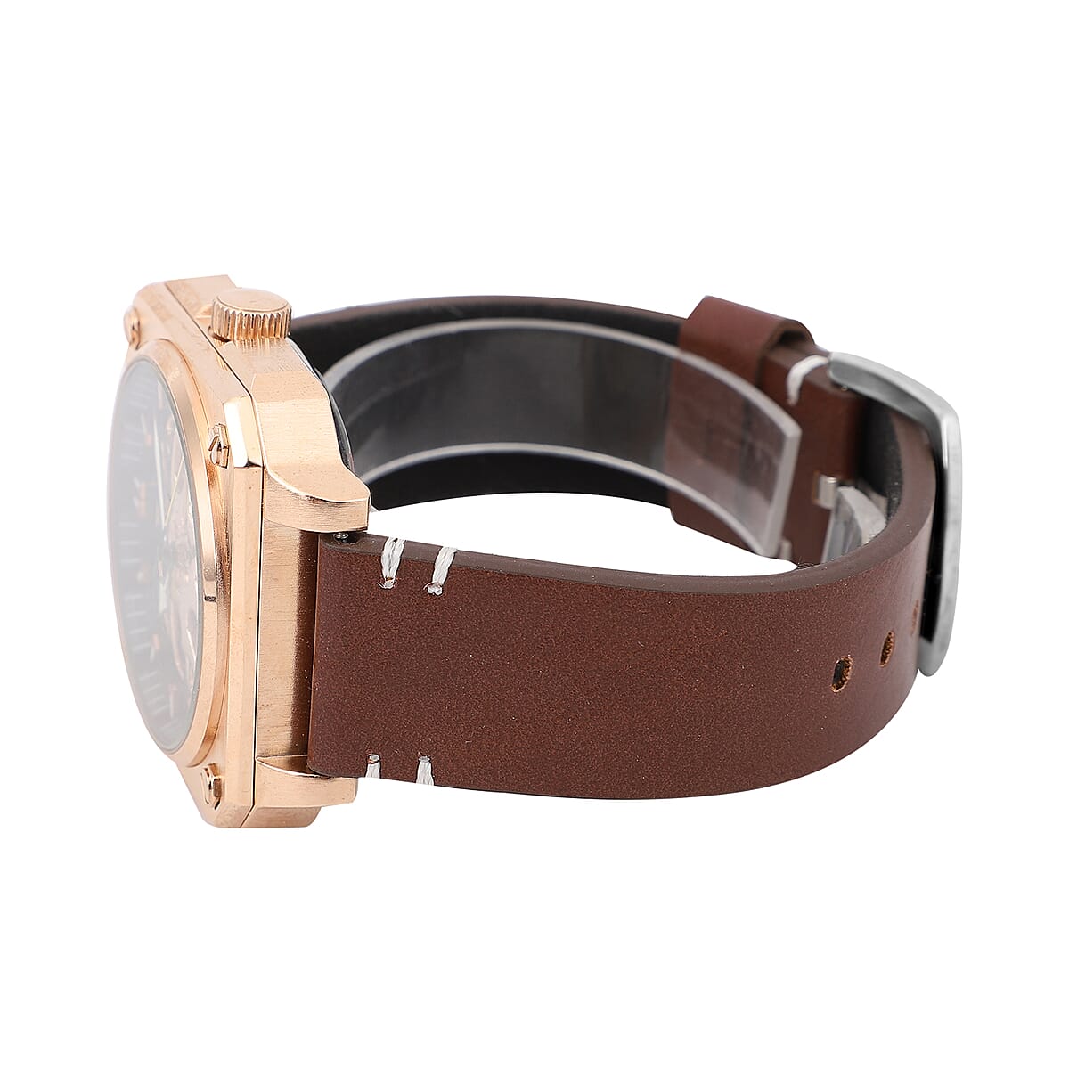 Genoa Automatic Mechanical Movement Watch with Rose Gold Hollow-Out Dial and Brown Leather Strap (44 mm) image number 4