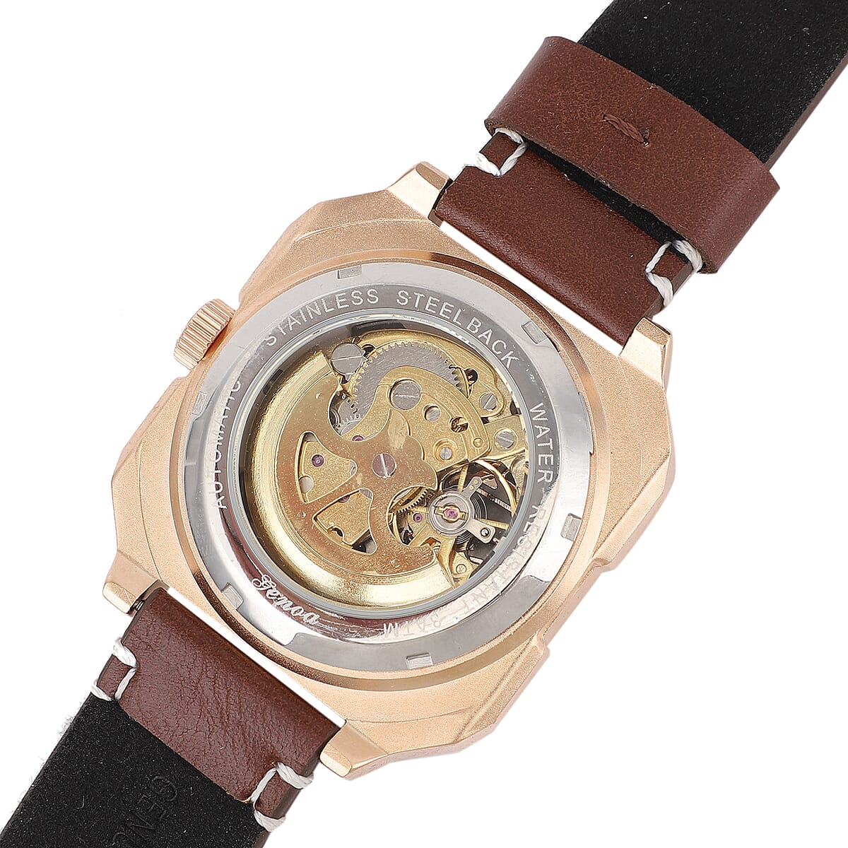 Genoa Automatic Mechanical Movement Watch with Rose Gold Hollow-Out Dial and Brown Leather Strap (44 mm) image number 5