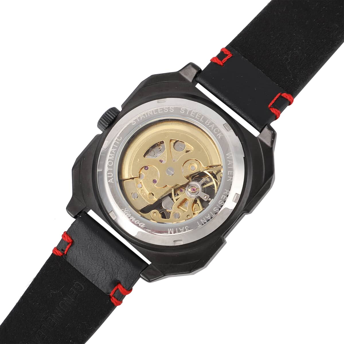 Genoa Automatic Mechanical Movement Watch with Golden Hollow-Out Dial and Black Leather Strap (44 mm) image number 5