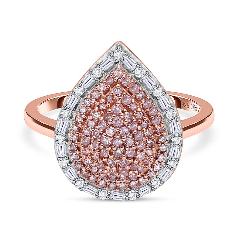 Natural Pink and White Diamond Pear Shape Ring in Vermeil Rose Gold Over Sterling Silver (Size 7.0) 0.50 ctw