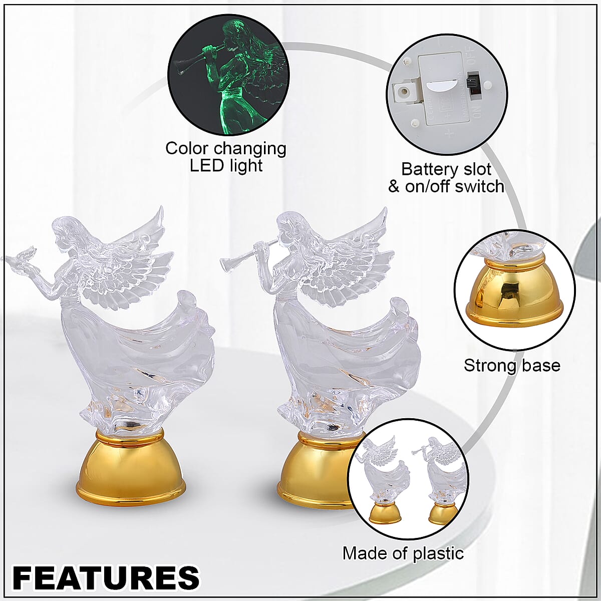Set of 2 Flat Angel Holding Dove and Blowing Trumpet with Multi Color Changing Light image number 2
