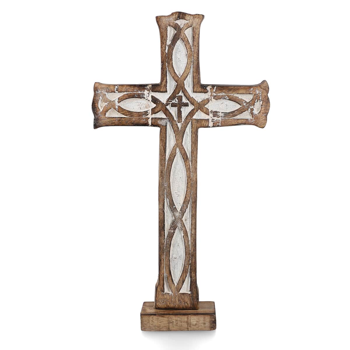 Nakkashi Brown Wooden Handcrafted Decorative Cross (7x12), Vintage Style Wall Hanging Handcarved Mango Wood Cross For Home Decor image number 0