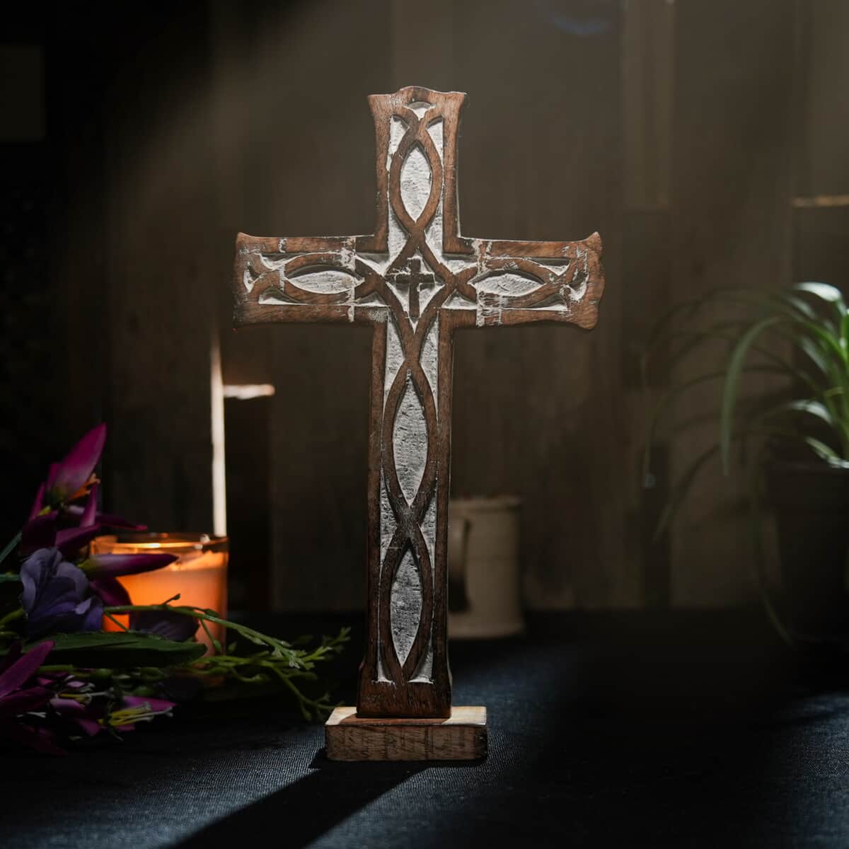 Nakkashi Brown Wooden Handcrafted Decorative Cross (7x12), Vintage Style Wall Hanging Handcarved Mango Wood Cross For Home Decor image number 1
