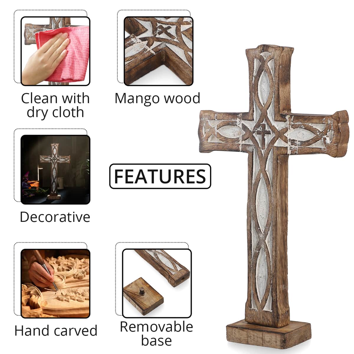 Nakkashi Brown Wooden Handcrafted Decorative Cross (7x12), Vintage Style Wall Hanging Handcarved Mango Wood Cross For Home Decor image number 2