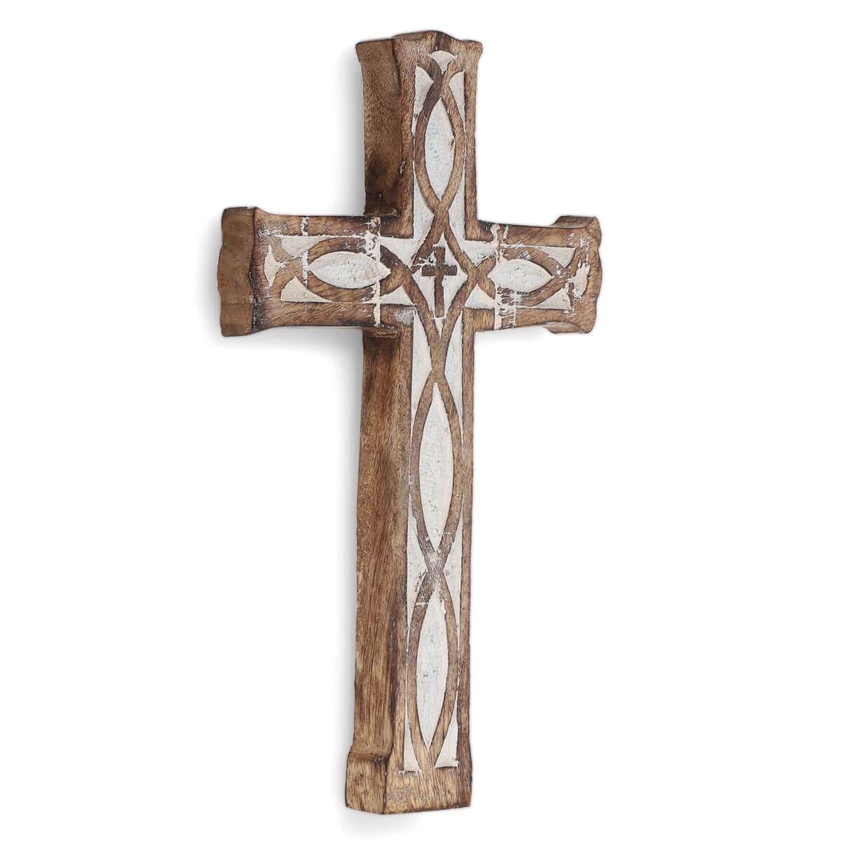 Nakkashi Brown Wooden Handcrafted Decorative Cross (7x12), Vintage Style Wall Hanging Handcarved Mango Wood Cross For Home Decor image number 4
