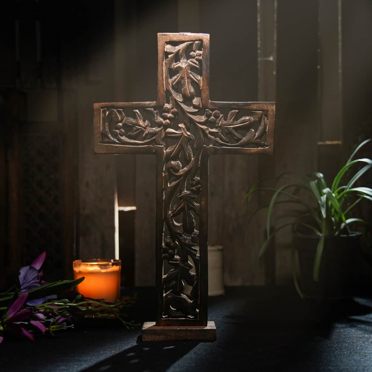 Nakkashi Brown Color Wooden Handcrafted Decorative Cross image number 1