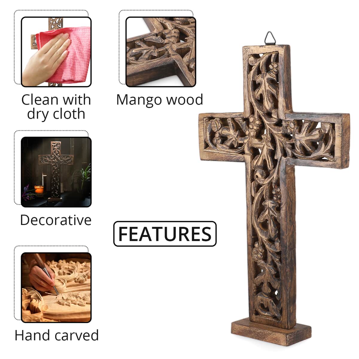 Nakkashi Brown Color Wooden Handcrafted Decorative Cross image number 2