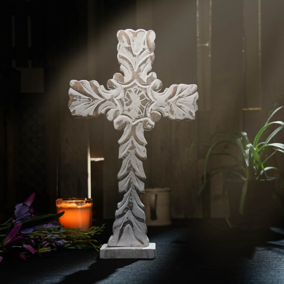 Nakkashi White Color Wooden Handcrafted Decorative Cross image number 1