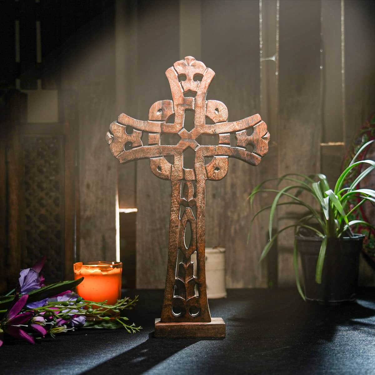 Nakkashi Natural Brown Color Wooden Handcrafted Decorative Cross image number 1
