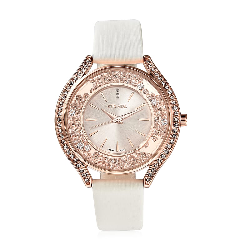 Strada Japanese Movement White Austrian Crystal, Heart Stardust Watch with White Vegan Leather Strap (40mm)