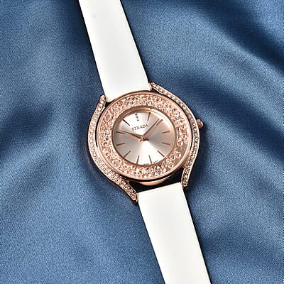 Strada Japanese Movement White Austrian Crystal, Heart Stardust Watch with White Vegan Leather Strap (40mm)
