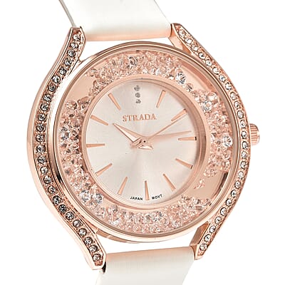Strada Japanese Movement White Austrian Crystal, Heart Stardust Watch with White Vegan Leather Strap (40mm)