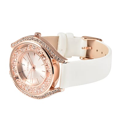 Strada Japanese Movement White Austrian Crystal, Heart Stardust Watch with White Vegan Leather Strap (40mm)