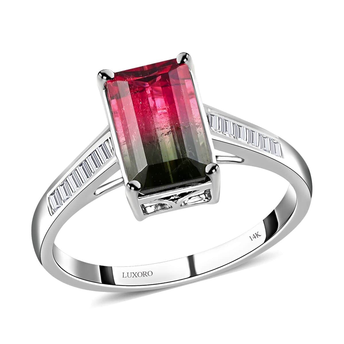 Certified and Appraised LUXORO 14K White Gold AAA Bi-Color Tourmaline and G-H I2 Diamond Ring 2.50 Grams 2.76 ctw image number 0