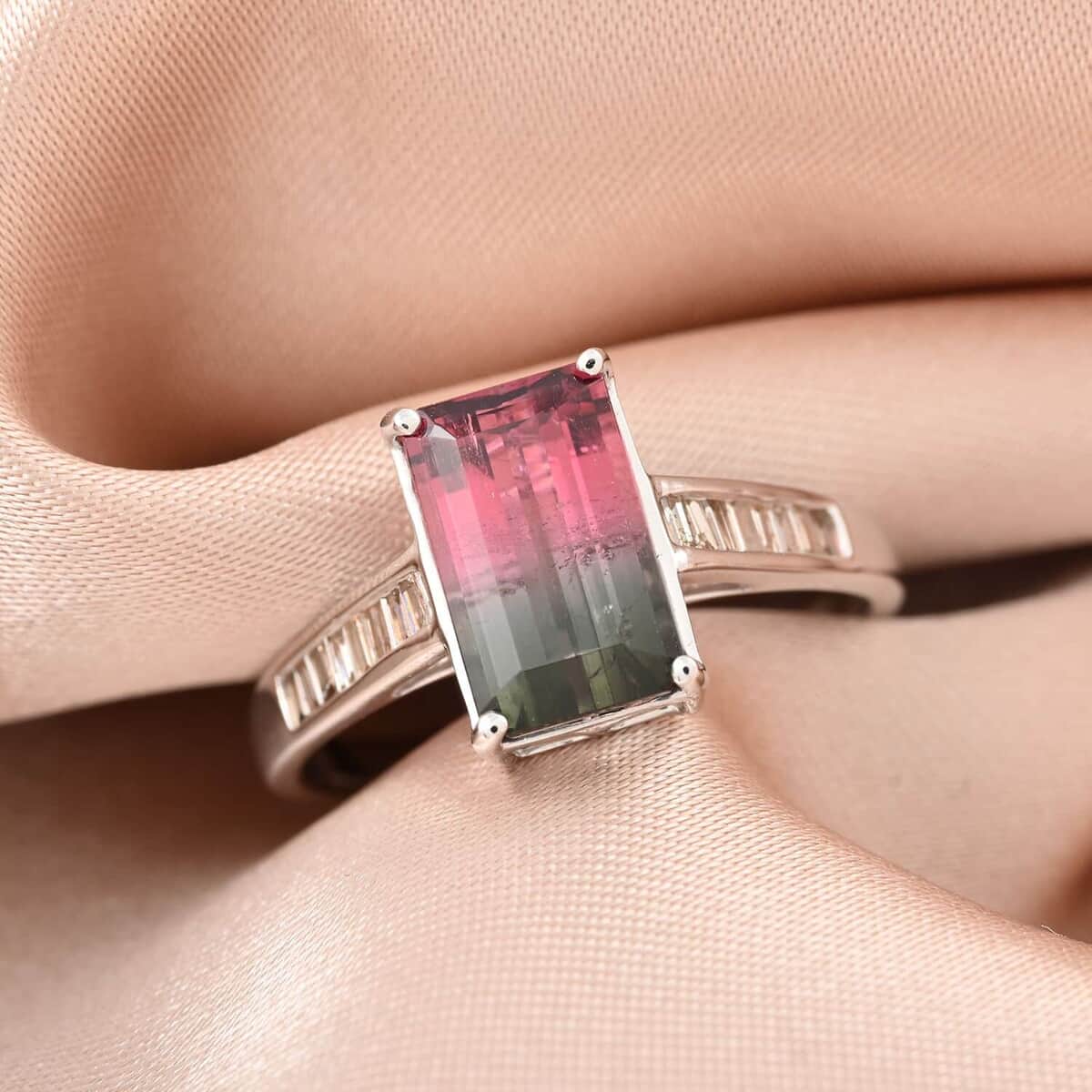 Certified and Appraised LUXORO 14K White Gold AAA Bi-Color Tourmaline and G-H I2 Diamond Ring 2.50 Grams 2.76 ctw image number 1